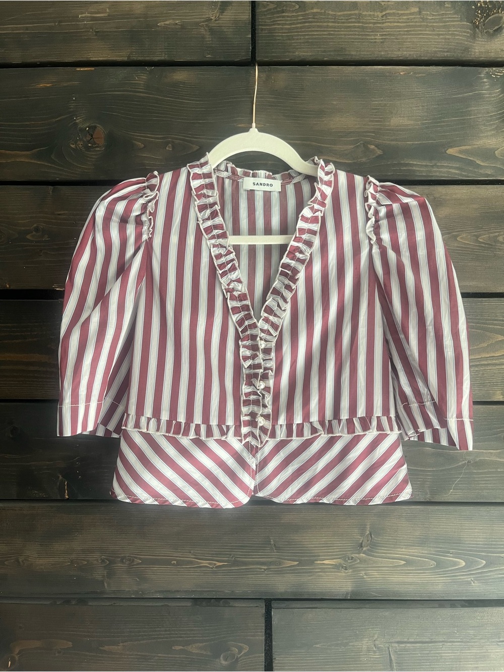 Sandro Burgundy & White Striped Ruffle Blouse
